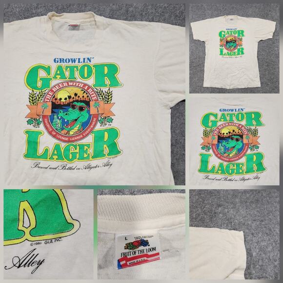 VTG 80s Growlin' Gator Lager Beer Promo Mens L Large FOTL Single Stitch Shirt - Picture 1 of 14